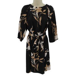 Ann Taylor Womens Medium Pleated Neck Tan Black Floral Flower Print Shift Dress